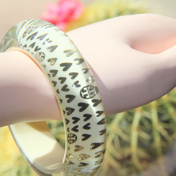 Tory Burch Clear, Ivory Lucite Gold Heart Bangle - Picture 7 of 12